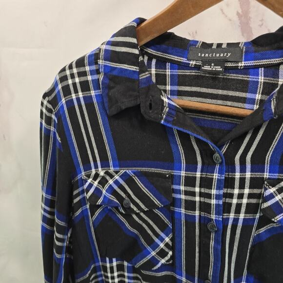 Anthropologie Shirt Womens Small Button Up Plaid Black Blue Sanctuary - Picture 2 of 12